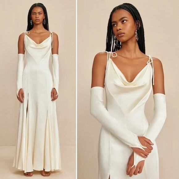 Cult Gaia Nassia bridal Gown Satin off white with gloves and high slit Size 00 - Picture 1 of 7